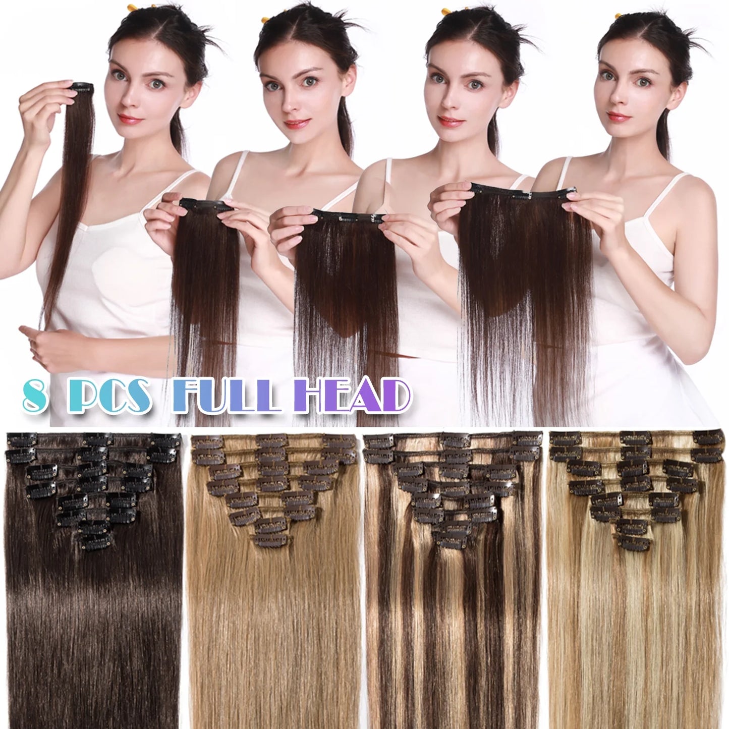 Clip in Hair Extensions 100% Real Remy Human Hair Full Head Soft 8PCS Clip in Russian Remy Hair New Color Balayage Highlight 8"-24" US CLEARANCE