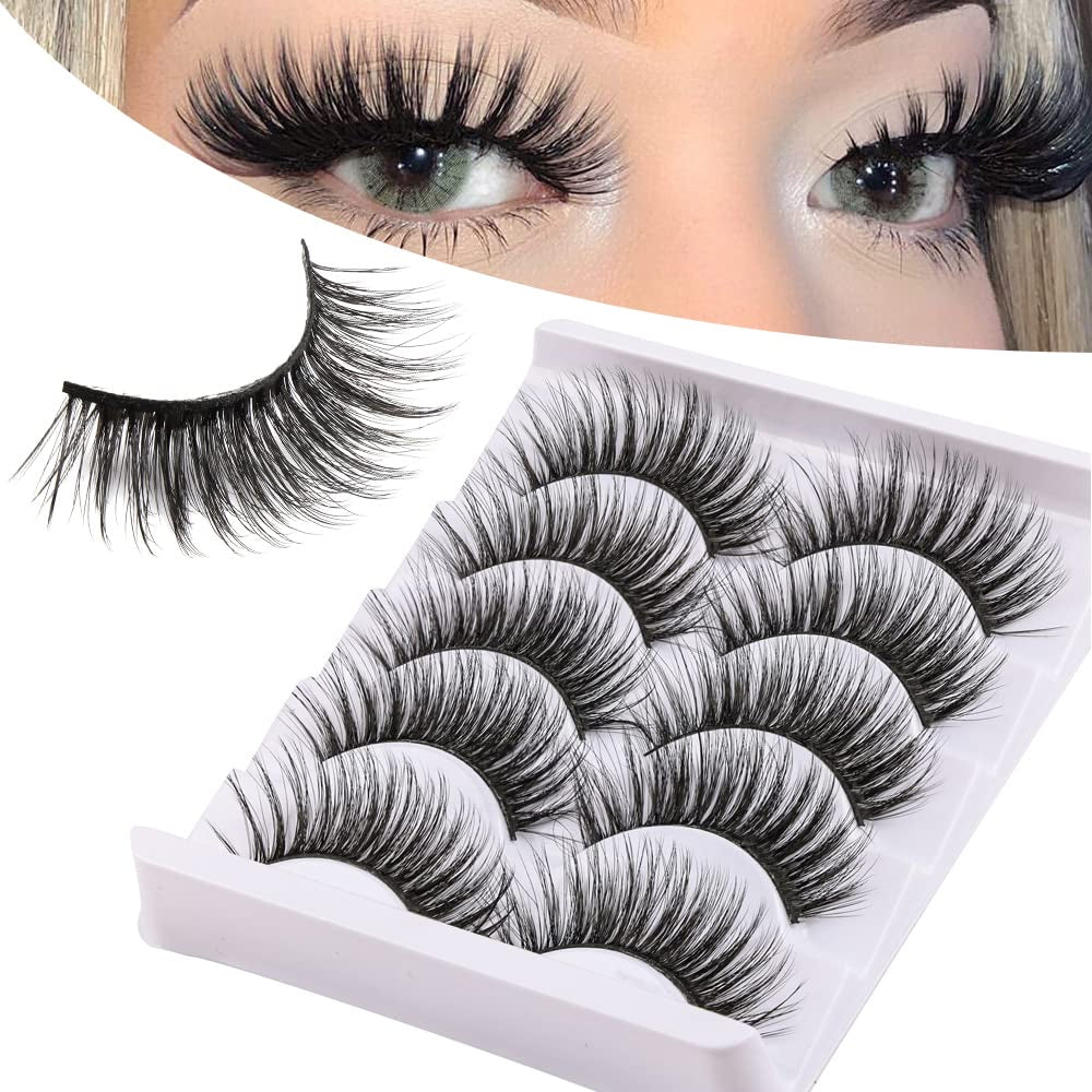 3D False Eyelashes Packs 5 Pairs Faux Mink Lashes Fluffy Natural Look False Lash 18MM Volume Long Faux Eyelash Soft Reusable Lashes (5Pairs1Style(6D08))