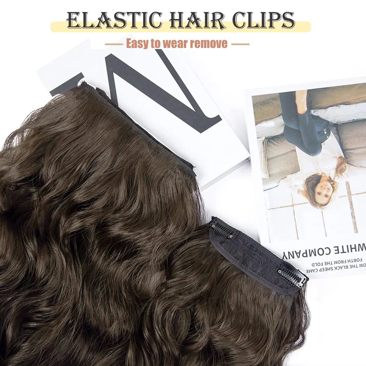 Brown Clip in Hair Extensions 23 Inch 4Pcs Long Wavy Hair Extensions Double Weft Synthetic Hairpieces for Women