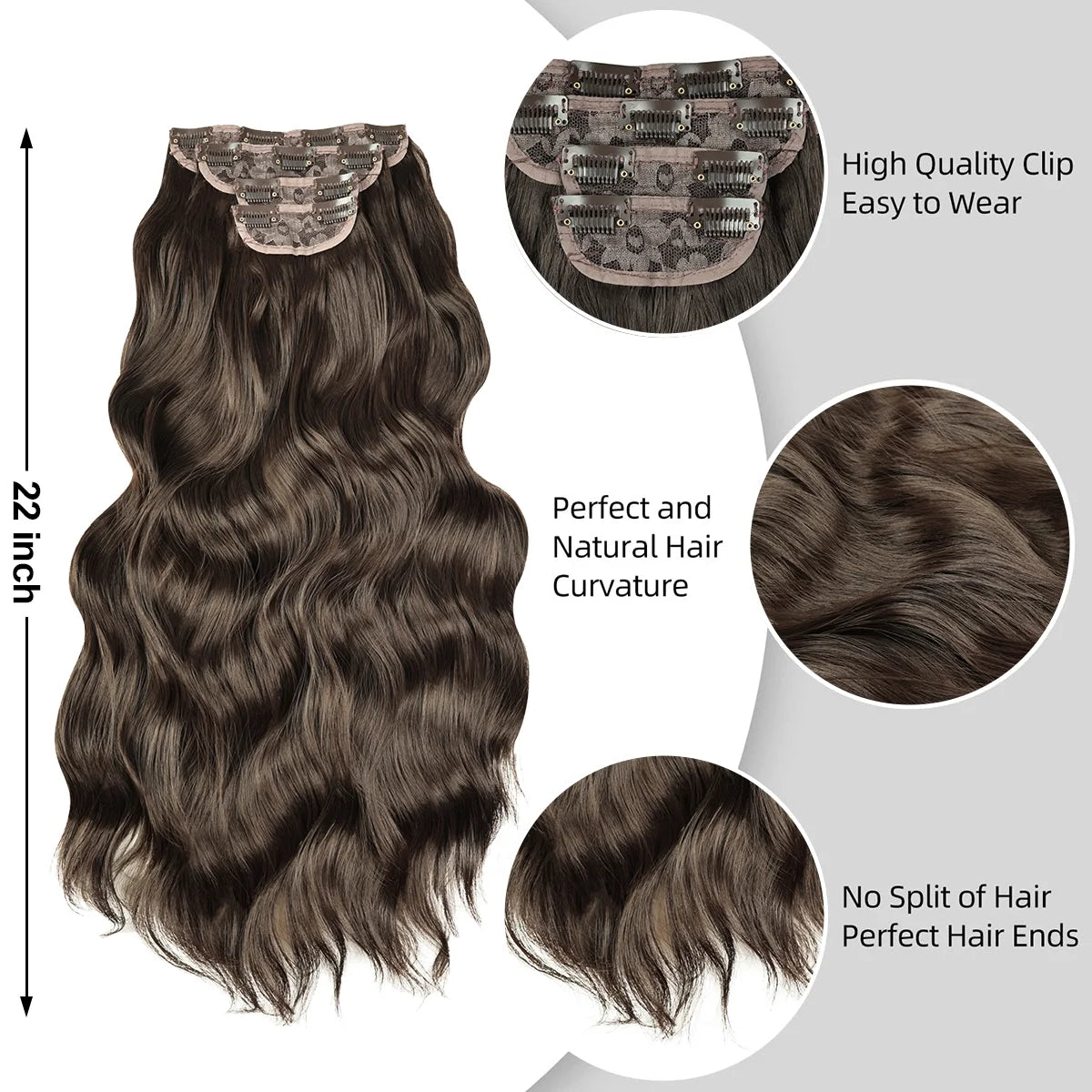Brown Clip in Hair Extensions 23 Inch 4Pcs Long Wavy Hair Extensions Double Weft Synthetic Hairpieces for Women