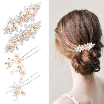 Fancy Wedding Hair Clips & Pins - Rhinestone, Pearl & Crystal Sparkly Bridal Hair Accessories in Gold
