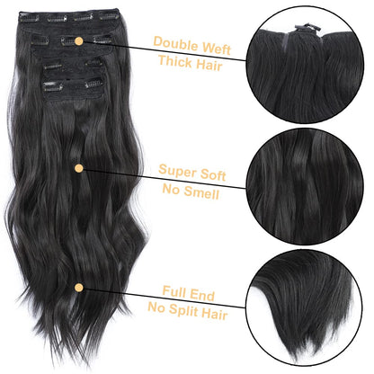 4PCS Clip in Hair Extensions 20Inch Black Hair Extensions Long Wavy Hair Extensions Clip Ins Synthetic Thick Hair Piece for Women(Black)
