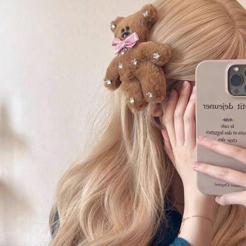 Cute Hair Clip for Women Girls Brown Fluffy Plush Bear Hair Pins Nonslip Sparkly Rhinestones Hair Barrette Snap Large Bowknot Bear Metal Alligator Clips for Long Thick Hair Y2K Hair Accessories