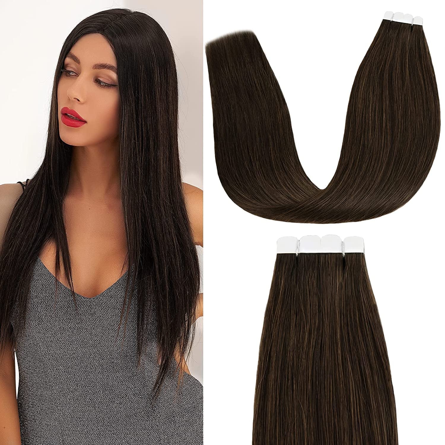 Tape in Hair Extensions Human Hair 16 Inch Mini Tape in Hair Extensions Real Natural Human Hair Invisible Straight Dark Brown Hair Extensions for Long Hair Brown Women 4# 20Pieces
