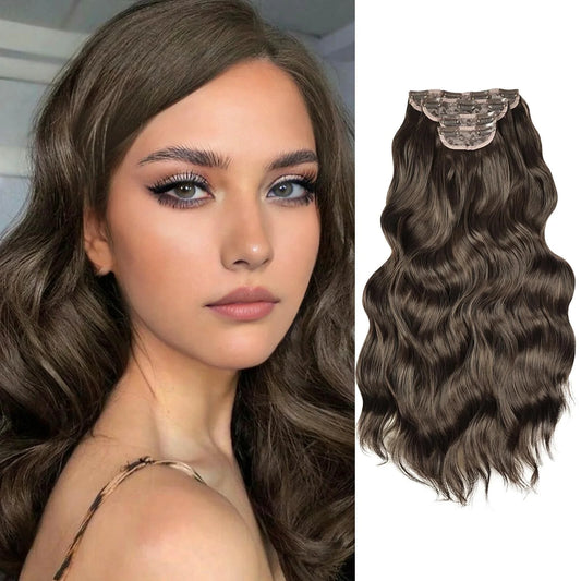 Brown Clip in Hair Extensions 23 Inch 4Pcs Long Wavy Hair Extensions Double Weft Synthetic Hairpieces for Women