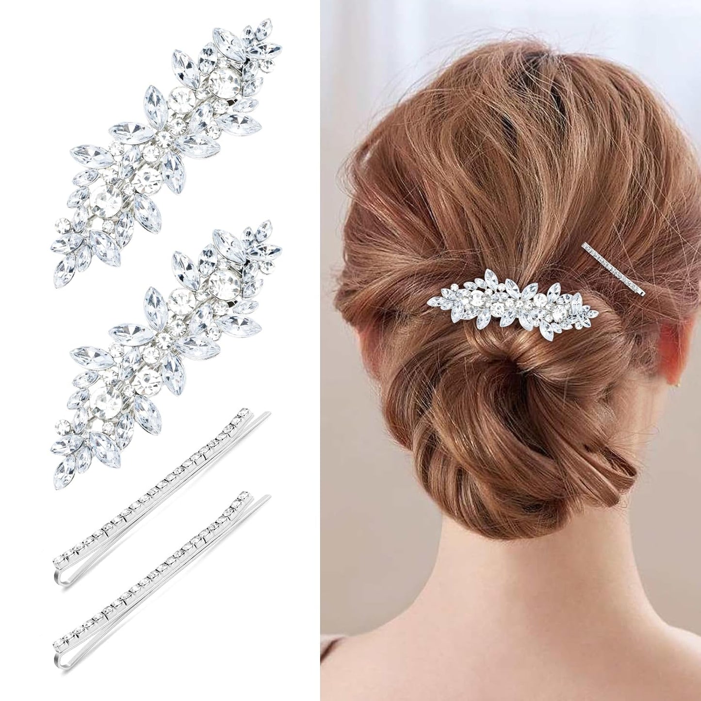 4PCS Silver Rhinestone Hair Clips - Bride Barrettes Fancy Wedding Prom Formal Hair Accessories for Women