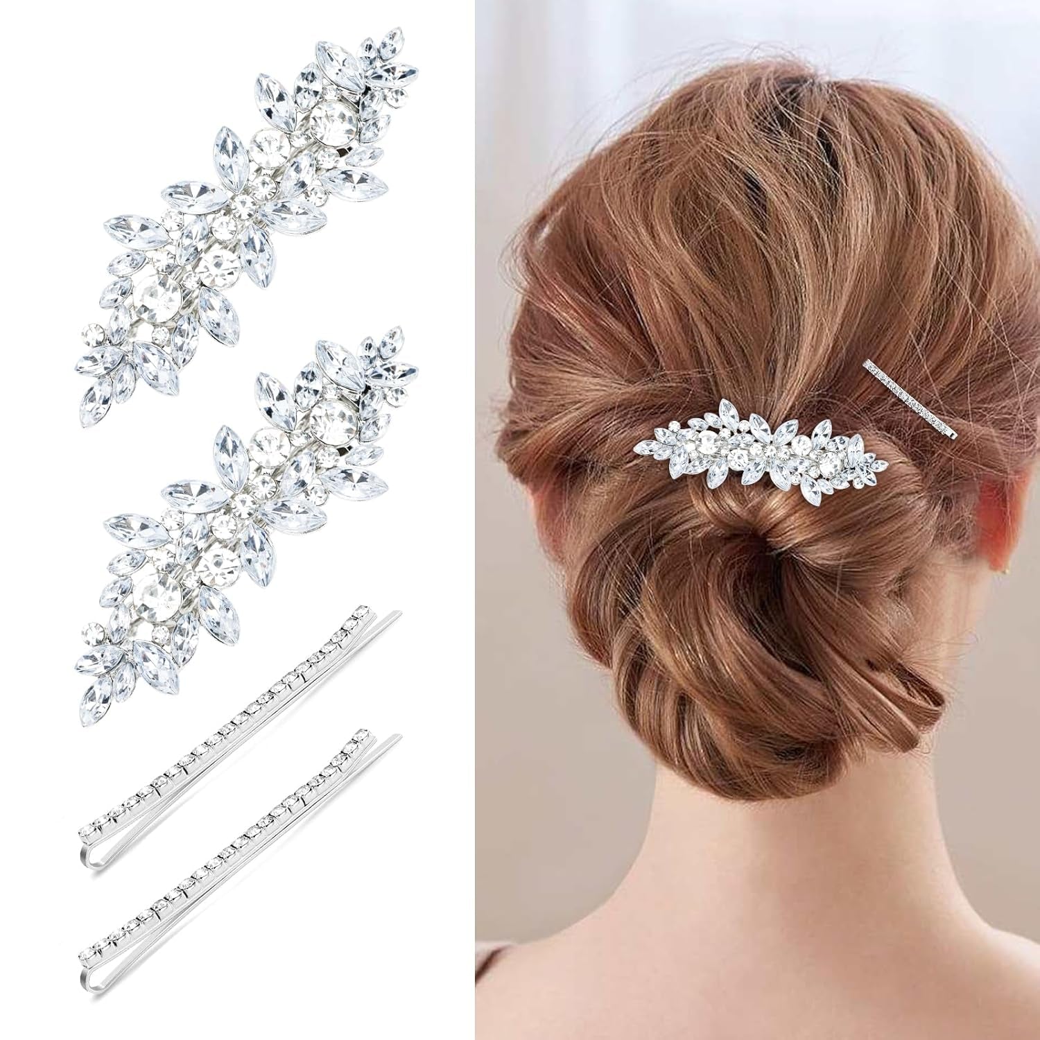 4PCS Silver Rhinestone Hair Clips - Bride Barrettes Fancy Wedding Prom Formal Hair Accessories for Women