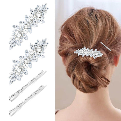 4PCS Silver Rhinestone Hair Clips - Bride Barrettes Fancy Wedding Prom Formal Hair Accessories for Women