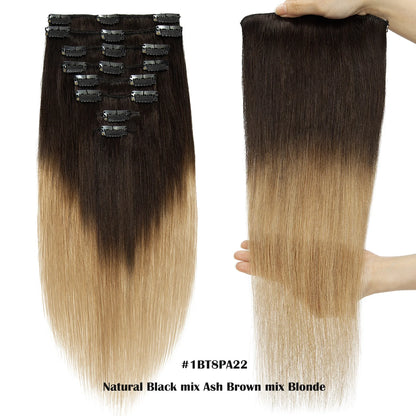 Clip in Hair Extensions 100% Real Remy Human Hair Full Head Soft 8PCS Clip in Russian Remy Hair New Color Balayage Highlight 8"-24" US CLEARANCE