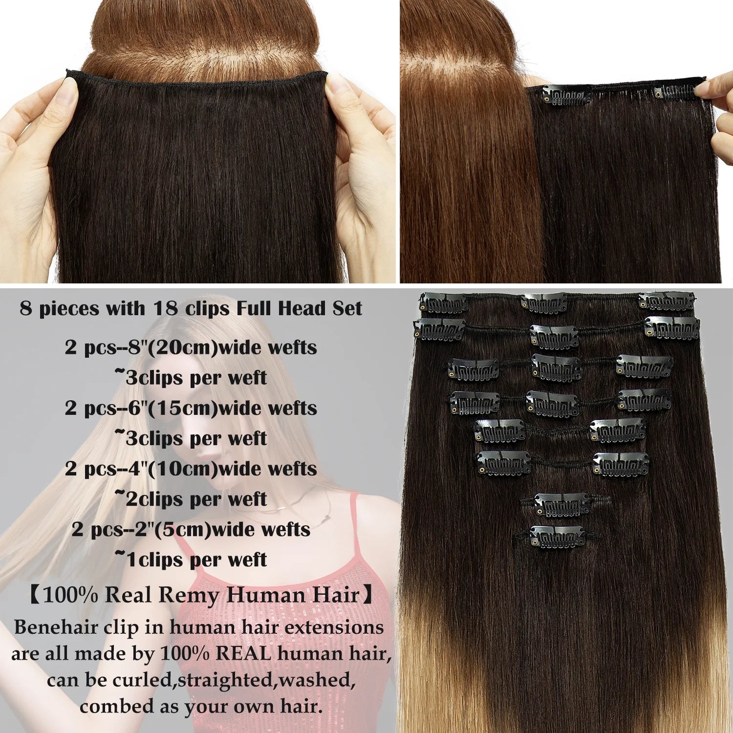 Clip in Hair Extensions 100% Real Remy Human Hair Full Head Soft 8PCS Clip in Russian Remy Hair New Color Balayage Highlight 8"-24" US CLEARANCE