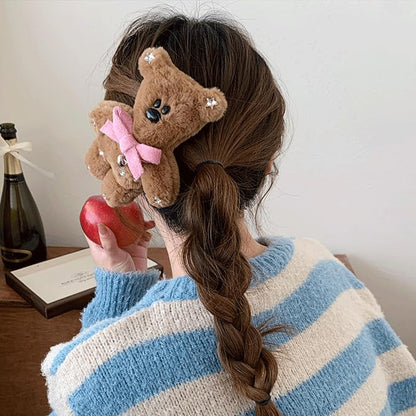 Cute Hair Clip for Women Girls Brown Fluffy Plush Bear Hair Pins Nonslip Sparkly Rhinestones Hair Barrette Snap Large Bowknot Bear Metal Alligator Clips for Long Thick Hair Y2K Hair Accessories