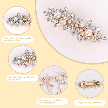 Fancy Wedding Hair Clips & Pins - Rhinestone, Pearl & Crystal Sparkly Bridal Hair Accessories in Gold