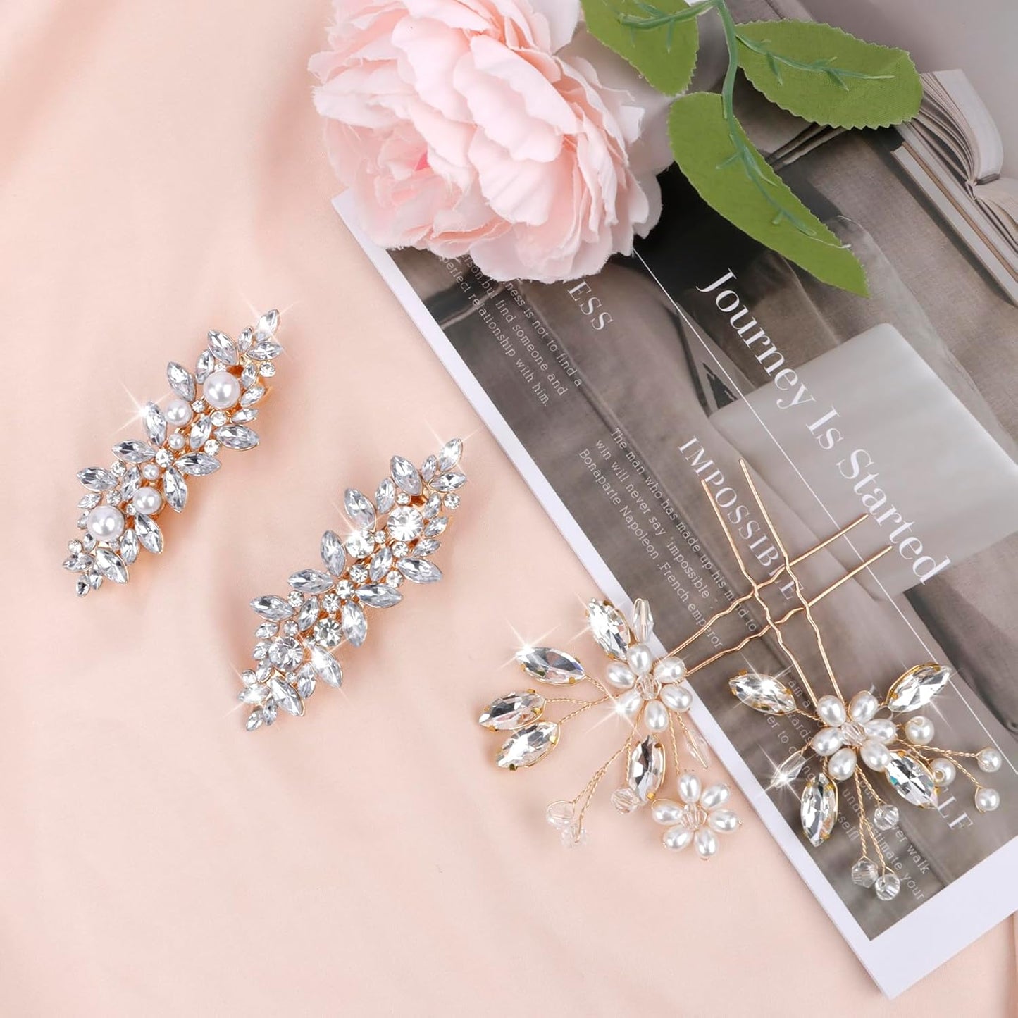 Fancy Wedding Hair Clips & Pins - Rhinestone, Pearl & Crystal Sparkly Bridal Hair Accessories in Gold