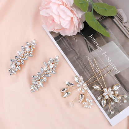 Fancy Wedding Hair Clips & Pins - Rhinestone, Pearl & Crystal Sparkly Bridal Hair Accessories in Gold