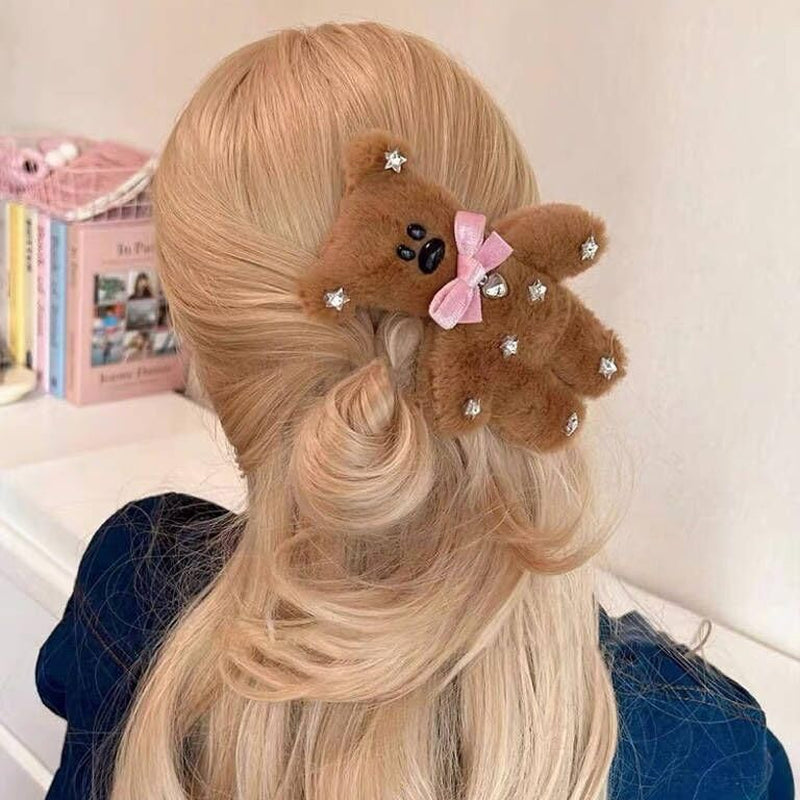 Cute Hair Clip for Women Girls Brown Fluffy Plush Bear Hair Pins Nonslip Sparkly Rhinestones Hair Barrette Snap Large Bowknot Bear Metal Alligator Clips for Long Thick Hair Y2K Hair Accessories