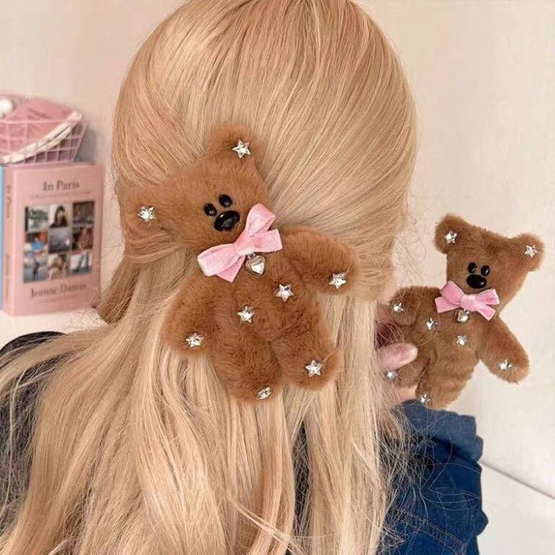 Cute Hair Clip for Women Girls Brown Fluffy Plush Bear Hair Pins Nonslip Sparkly Rhinestones Hair Barrette Snap Large Bowknot Bear Metal Alligator Clips for Long Thick Hair Y2K Hair Accessories