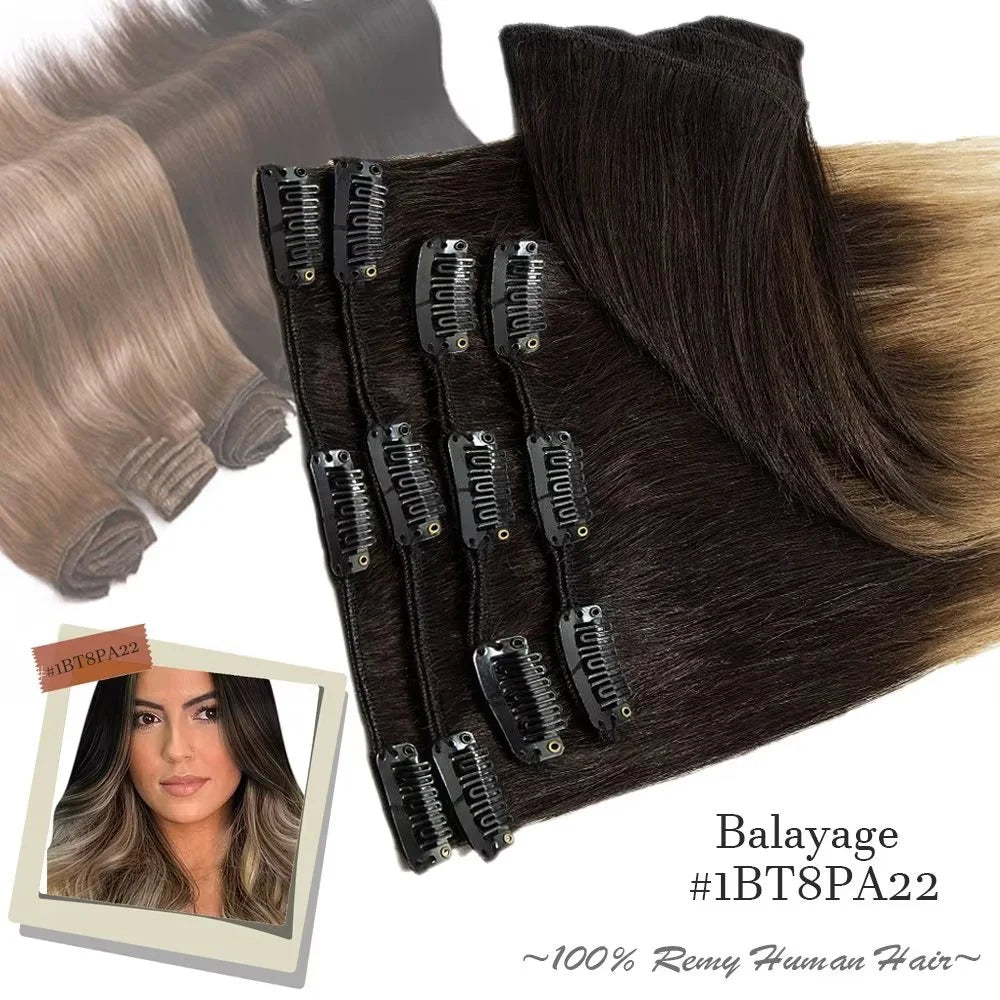 Clip in Hair Extensions 100% Real Remy Human Hair Full Head Soft 8PCS Clip in Russian Remy Hair New Color Balayage Highlight 8"-24" US CLEARANCE