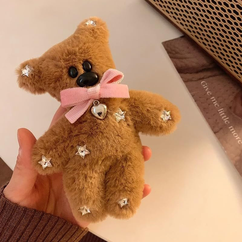 Cute Hair Clip for Women Girls Brown Fluffy Plush Bear Hair Pins Nonslip Sparkly Rhinestones Hair Barrette Snap Large Bowknot Bear Metal Alligator Clips for Long Thick Hair Y2K Hair Accessories